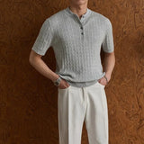 New Fashion American Style Men T-shirt Luxury Jacquard Knitted Henry Collar Tees Casual Solid Color Short Sleeve Breathable Tops