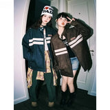 American Retro Striped Coat Contrasting Color Spliced Leather Jacket Japanese Spring Couple Racing Style Leather Jacket Chic