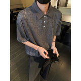 Summer Short Sleeved T-shirt Men Fashion Casual Beige Lapel T Shirt Streetwear Korean Loose Hollow Out T Shirt Mens Polo Shirt