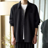 Fashion Long Sleeve Shirts Mens Spring Autumn Casual Waffle Plaid Solid Color Shirt Vintage Men Turn-down Collar Button Shirts