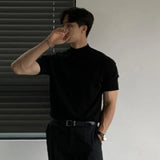 Business Casual Men's T-shirts Knitting Mock Neck Short Sleeve  Loose Male Pullover Tops Solid Color New Spring
