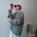 Vintage Striped Sweaters Men Autumn Contrast Color American Commuting Style  All-match Males Knitwear Hip Hop Hipster Pullovers