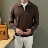 Autumn Casual Men Polo Sweater Light Luxury Zip-up Solid Color Long Sleeve Knitted Pullover Daily Commuting Basic Knitwear M-3XL
