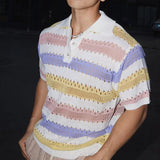 New Trend Hollow Out Men Polo Shirt Leisure High Quality Patchwork T-shirt Breathable Short Sleeve Knitwear American Retro Tops