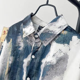 Men Trendy Vintage Ink Wash Tie Dye Print Lapel Button Up Shirt Y2K Harajuku Streetwear Long Sleeve Loose Tops Camisas De Hombre