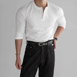 New American Fashion Men Henry Collar T-shirt Light Luxury Solid Color Long Sleeve Tops Leisure Light Business Basic Shirt M-3XL