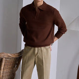 Men's American Retro Polo Sweater Luxury Trendy Business V Neck Knit Solid Color Pullover Leisure Slim-fit Long Sleeve Knitwear