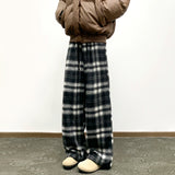 Winter Vintage Fleece Plaid Wide Leg Pants Men's Woolen Casual Thick Warm Pants Men Women Loose Straight Mopping Trousers