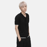 Niche Design Men's T-shirt Turn-down Collar Contrast Color Knitting Hollow Out Short Sleeve Single Breasted Male Tee