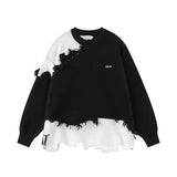 Retro Tassel Irregular Men's Sweater Loose American Lazy Style Knitted Shirt Color Block Design Casual Crew Neck Top