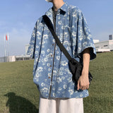 Men Denim Shirts Floral Printed Summer Button Lapel Tops Short Sleeve Blouses Soft Cotton Loose Male Hawaiian Beach Shirts