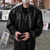 High Street Trendy PU Leather Crop Jacket Casual Textured Locomotive Zipper Turn-down Collar Solid Color Long Sleeve Men's Coats