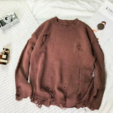 Man Clothes Pullovers Torn Crewneck Knitted Sweaters for Men Plain with Holes Solid Color Round Collar Cheap Casual A Cigaret S
