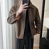 New Autumn Men's Casual Textured PU Leather Jacket High Street Zip-up Turn-down Collar Solid Color Long Sleeve Retro Coats M-3XL