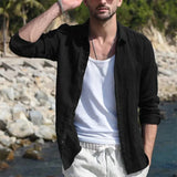 Summer Men's Solid Fashion Versatile Shirt Beach Cotton Linen Shirts Men Long Sleeved Cardigan Tops Turn Down Collar Slim Fit