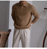 Men's American Retro Polo Sweater Luxury Trendy Business V Neck Knit Solid Color Pullover Leisure Slim-fit Long Sleeve Knitwear