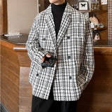 Korean Style Men Blazer Luxury Loose Fit Jackets Small Plaid High Quality Designer Suit Coat Male