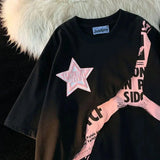 Y2k American retro hip-hop men and women trendy and personalized patchwork round neck short sleeved couple loose casual T-shirt