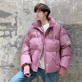 New Winter Stand Collar Loose Bright Leather Fabric Puffer Jacket Men Couple Thick Warm Cotton Padded Coat Men's Warm Parkas