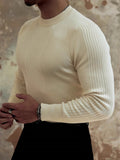 Vintage O Neck Slim Fit Knit Mens T-shirts Spring Stylish Solid Color Ribbed Long Sleeve Jumper Tops Men Casual Knitting T Shirt