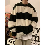 Korean style patchwork striped sweater for men in autumn and winter lazy loose knitted sweater round neck retro trendy sweater