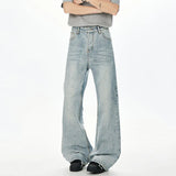 Korean Style Men Denim Pants Solid Color Washed Moustache Effect Wide Leg Trousers Loose Male Straight Jeans Summer