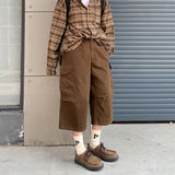 Summer Cotton Casual Pants Men Retro Cargo Pants Men Japanese Streetwear Hip-hop Loose Wide Leg Pants Men Cropped Trousers