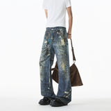 Jean Men Unique Design Graffiti Street Style Drag Jeans Urban Trendy Fashion Distressed Long Fit Casual Denim Pants Edgy Hip Hop