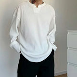 White V-neck Pleated Stripe T-shirt for Men Large Size Silky Soft Long Sleeved T-shirt Summer Loose No Ironing Bottomed Shirt