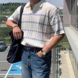 Summer Stylish Short Sleeve Mens Polo Shirt Casual Turn-down Collar Knitting Tops For Men Vintage Slim Fit Striped T Shirts