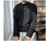 Long Sleeved T-shirt Men Casual Pleated T Shirt Men Japanese Streetwear Loose Ice Silk T Shirt Mens Stand Up Collar Tshirt