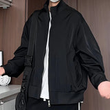 Black Mens Stand Collar Loose Fit Outdoor Spring Biker Jacket Casual Windbreaker Motorcycle Streetwear Trendy Daily Wear Coat