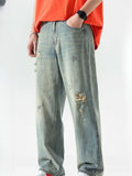 Wide Leg Jeans Men Hole Japanese Style Washed Loose Ankle Length Spring Bleached Ripped High Waist Youthful Vitality Stylish