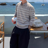 American Chic Striped Men Polo Sweater Luxury Trendy Business V Neck Knit Solid Color Pullover Leisure Slim Long Sleeve Knitwear