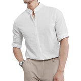 New Men Fashion Seersucker Shirts Half Sleeve Stand Collar Casual Drapped Solid Color Button-down Cardigan Business Style Tops