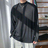 Long Sleeved T-shirt Men Casual Pleated T Shirt Men Japanese Streetwear Loose Ice Silk T Shirt Mens Stand Up Collar Tshirt