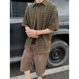 Fashion Army Green Knitted Hollow out Shirt Men Streetwear Transparent Lapel Short Sleeve Button Camisas Sexy Men Clothing 2XL-M