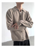 New Korean Fashion Men Cardigan Jacket Light Luxury Knitted Polo Neck Long Sleeve Sweater Coat Casual Retro Solid Color Knitwear