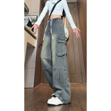 Men's Jeans String Banding Elastic waist Wide Leg Denim Pants Side pocket Cotton Casual Straight Jean Trousers