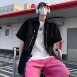 Summer Blue Short Sleeved Shirt Men Oversized Black Casual Shirt Men Streetwear Korean Loose Zipper Shirt Mens Hawaiian Shirts