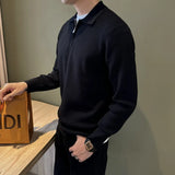 Autumn Casual Men Polo Sweater Light Luxury Zip-up Solid Color Long Sleeve Knitted Pullover Daily Commuting Basic Knitwear M-3XL