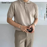 Vintage Polo Collar Knitted Shirts Mens Spring Summer Trendy Solid Color Slim Polo Shirt Casual Men Short Sleeve Knit Polos