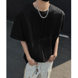 Men Pleated Chic T Shirt Solid Color O-neck Short Sleeve Casual Tshirt Men Clothing Streetwear 2025 Summer Fashion Camisetas