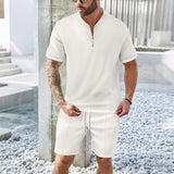 Casual Waffle Texture Two Piece Suits Mens Summer Leisure Short Sleeve Zipper Stand Collar Polo Shirt And Shorts Set Men Outfits