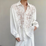 Niche Design Men Shirts Turn-down Collar Hollow Out Pearl Lace -up Patchwork Loose Solid Color Male Long Sleeved Top