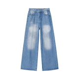 Korean Style Men's Jeans Washing Contrast Color Wide Leg Trousers Cleanfit Straight Loose Male All-match Denim Pants