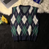 Men Sweater Vests Plaid Autumn Winter Retro Loose Couples Sleeveless Knitted Tops Chic V-neck Korean Style Soft Ins Casual Male