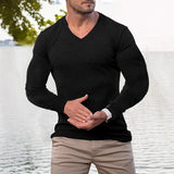 Spring Casual Mens Slim Fit V Neck T-shirts Fashion Solid Color Knitted Ribbed T Shirt Men Leisure Long Sleeve Knit Pullovers