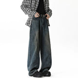 Men Wide Leg Jeans Dark Blue Patchwork High Street Washed Vintage Denim trousers men Loose Trendy Streetwear Oversized