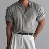 Spring Summer Casual Mens Knitted Tees Vintage Pleated Solid Color Knit T Shirt For Men Stylish Button O Neck Knitted Tops
